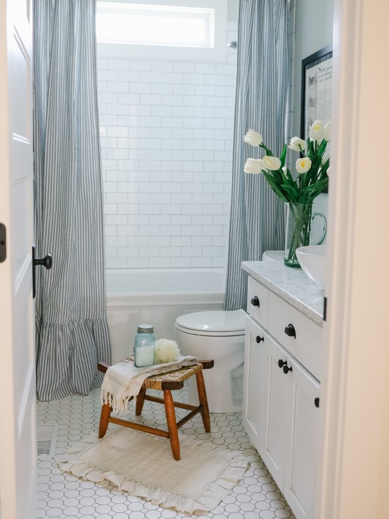 Shower Curtain Upgrade- Use a Curtain Panel Instead - Nesting With Grace